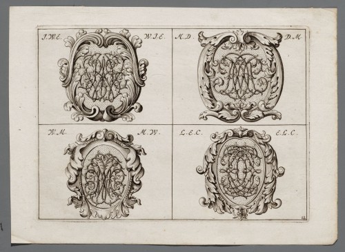 Ornamentprent. Verscheyde Gefleuroneerde T’ Zamen-Gevlogte Naam’Letteren.