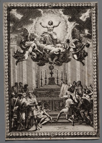 Ornamentprent. Autel surmonté de l'apparition du Christ dans une gloire.