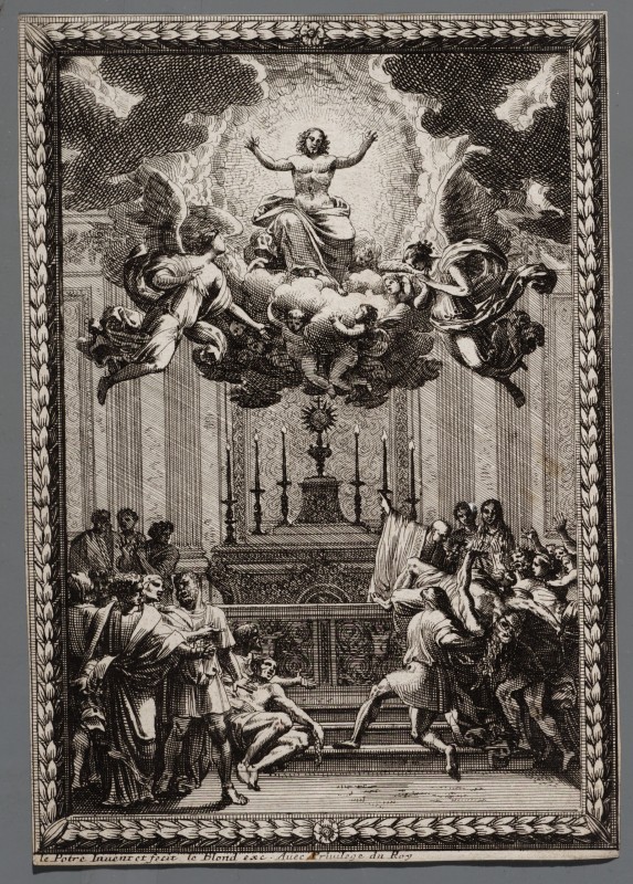 Ornamentprent. Autel surmonté de l'apparition du Christ dans une gloire.