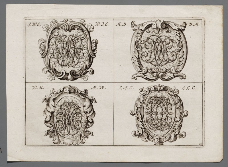 Ornamentprent. Verscheyde Gefleuroneerde T’ Zamen-Gevlogte Naam’Letteren.